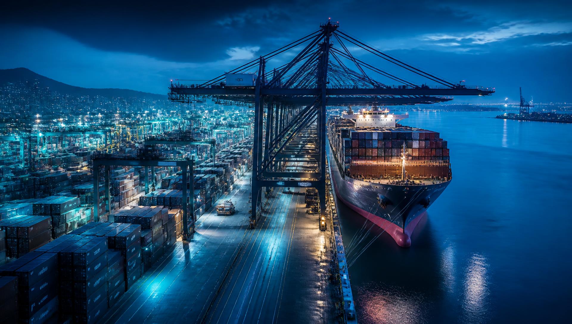 Porto de contentores em operação noturna